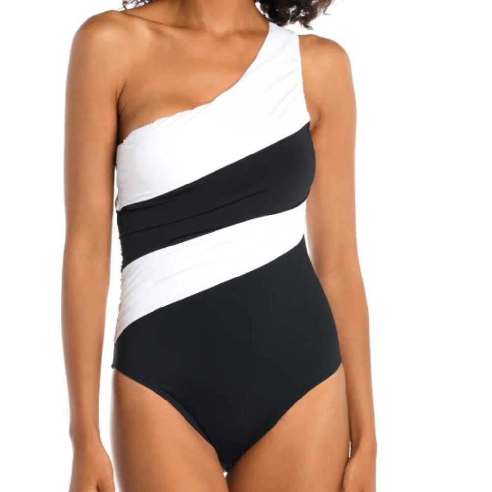 La Blanca Women's Island Goddess Shirred One Shoulder One Piece - Black US4